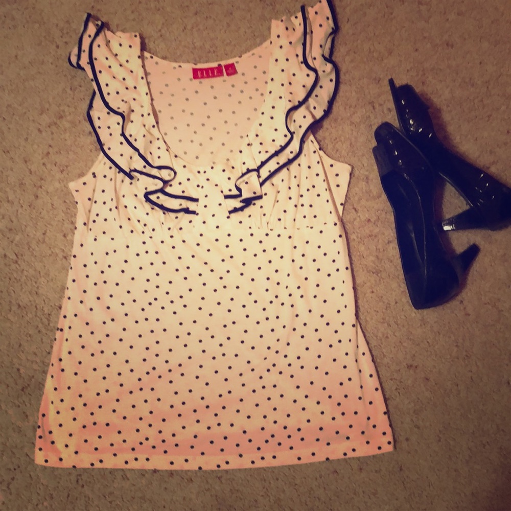 Cream and Black Polka Dot Scoop Neck Ruffle Top